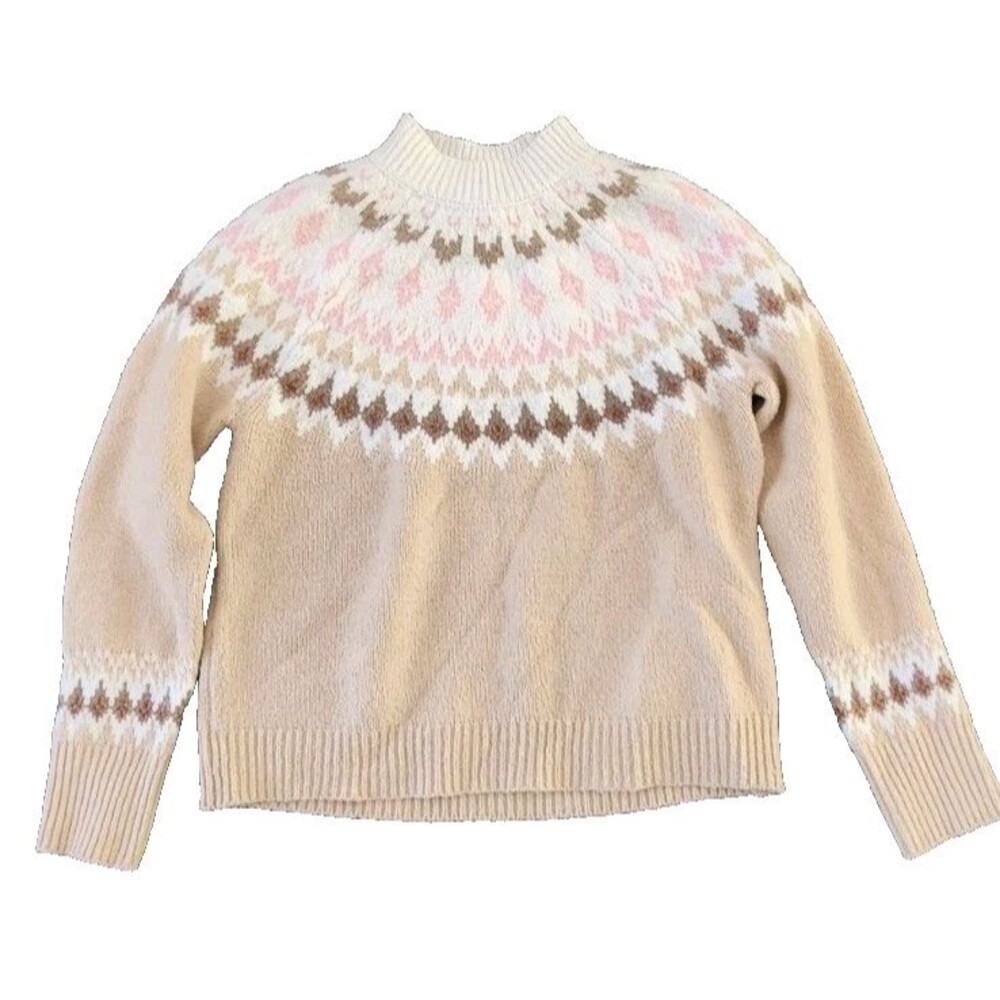 Rachel Zoe Sweater Women’s Size Medium Retro Fair Isle White Tan Brown & Pink